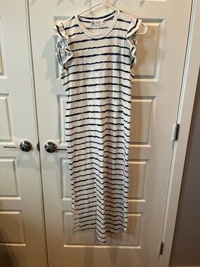 Carve Designs Maeve White & Navy Striped Ruffle Sleeve Maxi Dress
